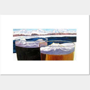 Beer Art Print of Pint Glasses and Alaska Mountains, Alaska Painting, Alaska Beer Gifts, Alaska Beer Wedding Gifts, Anniversary Beer Gifts Posters and Art